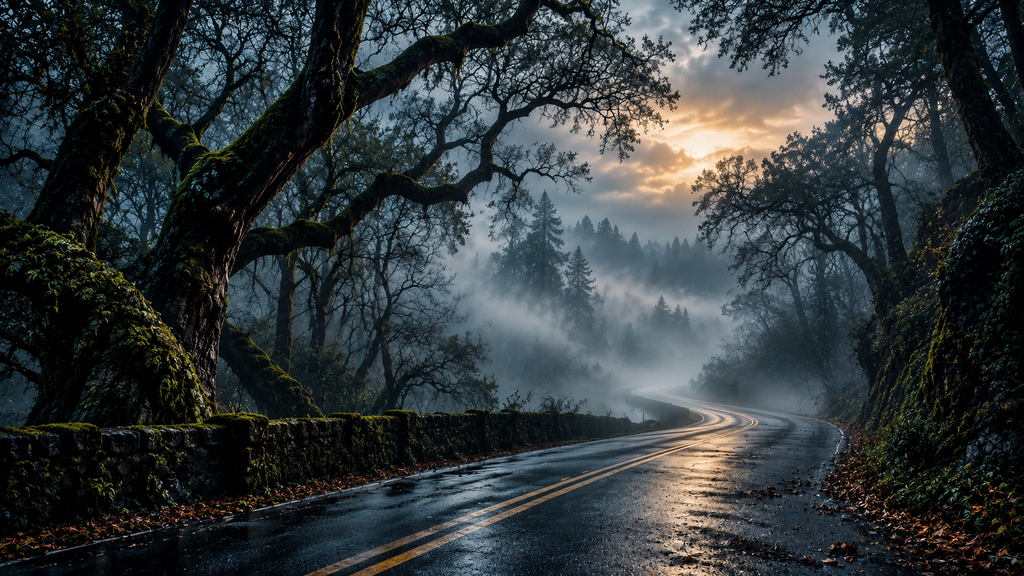 A winding road disappearing into the mist through a dark forest beneath a cloudy sky.